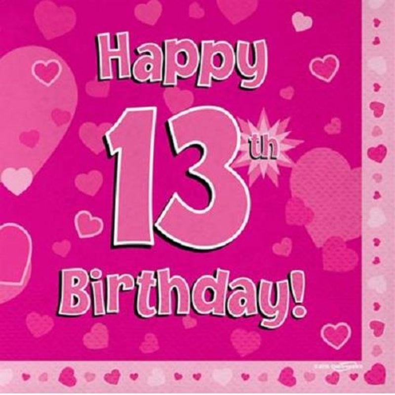 Pink Heart Happy 13th Birthday Party Napkins Pack of 16
