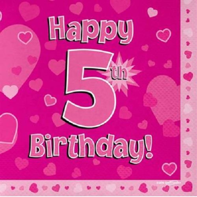 Pink Heart Happy 5th Birthday Party Napkins Pack of 16