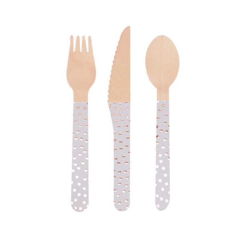 Rose Gold Wooden Cutlery Set Knife Fork and Spoon Pack of 24