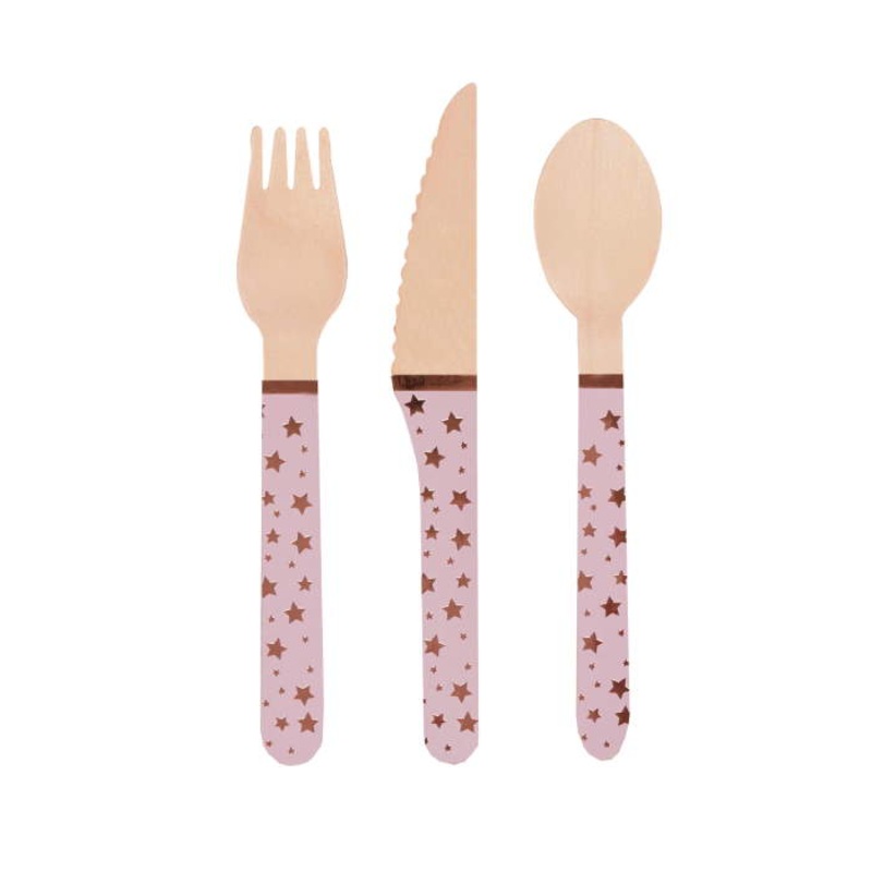 Star Rose Gold Cutlery: Wooden Handle Cutlery Pack of 24