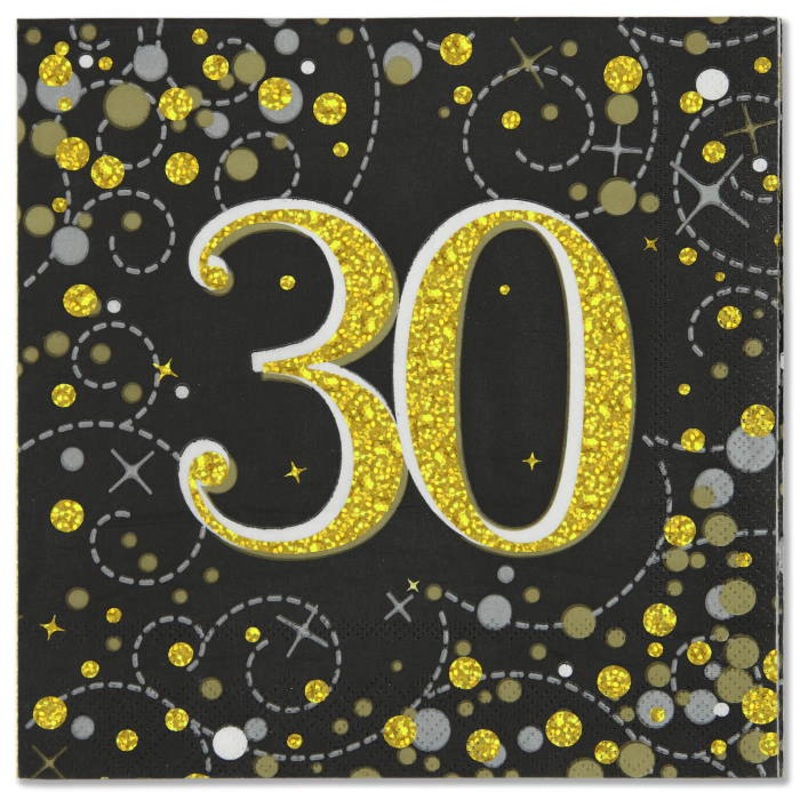 Black and Gold 30th Birthday Napkins Pack of 16