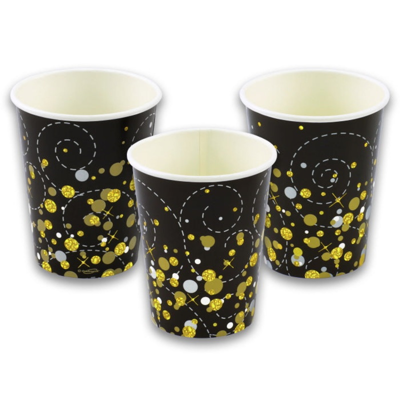 Black and Gold Sparkling Party Cups Pack of 8