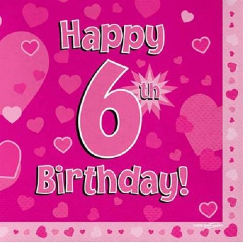 Pink Heart Happy 6th Birthday Party Napkins Pack of 16