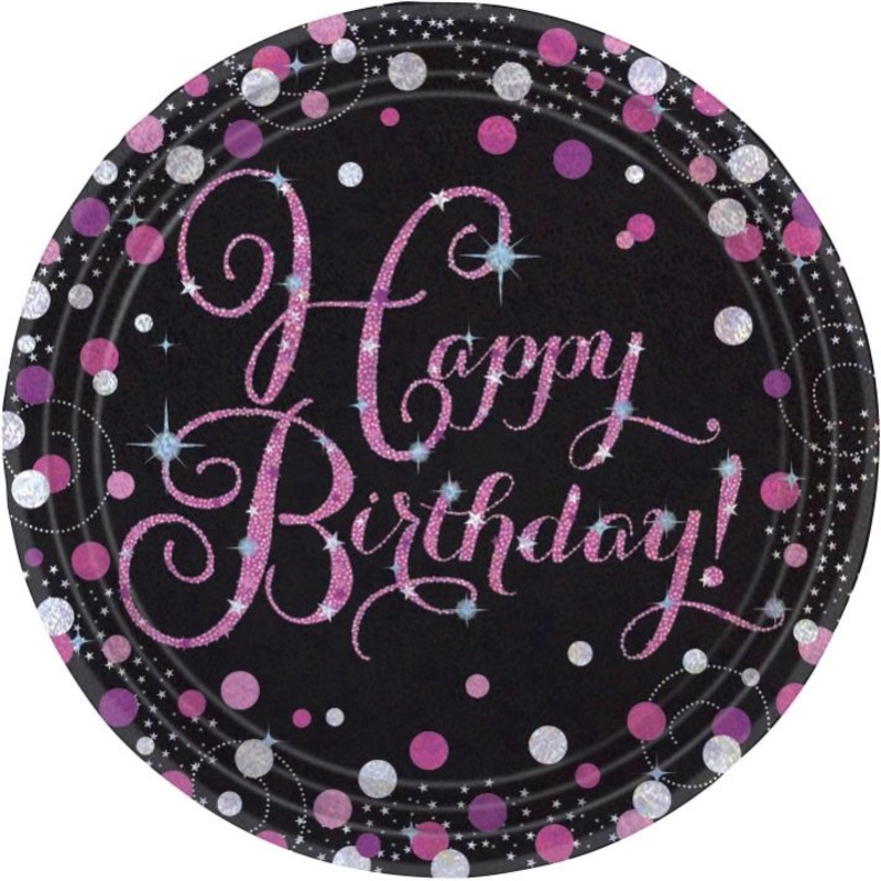 Pink Sparkling Happy Birthday Party Plates Pack of 8