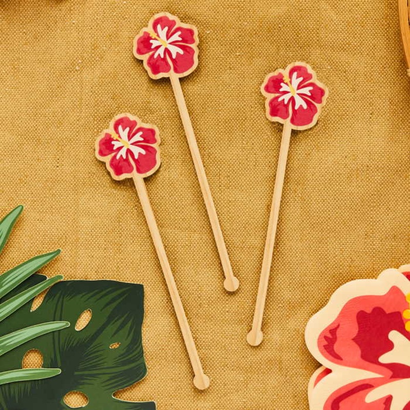 Tropical Luau Flower Cocktail Wood Stirrers 8 Pack