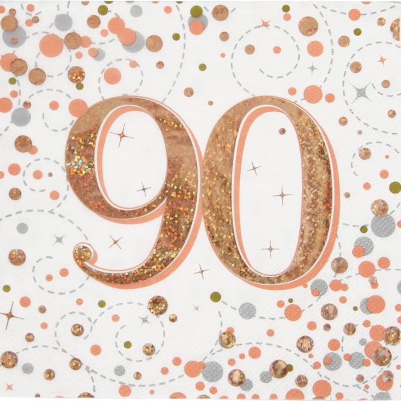 90th Birthday Napkins - Sparkling Rose Gold Pack of 16