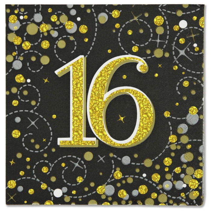 Black & Gold Fizz 16th Birthday Napkins Pack of 16