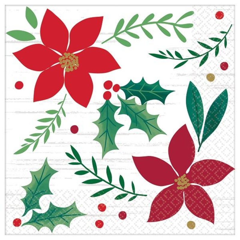 Poinsettia Christmas Paper Beverage Napkins Pack of 16