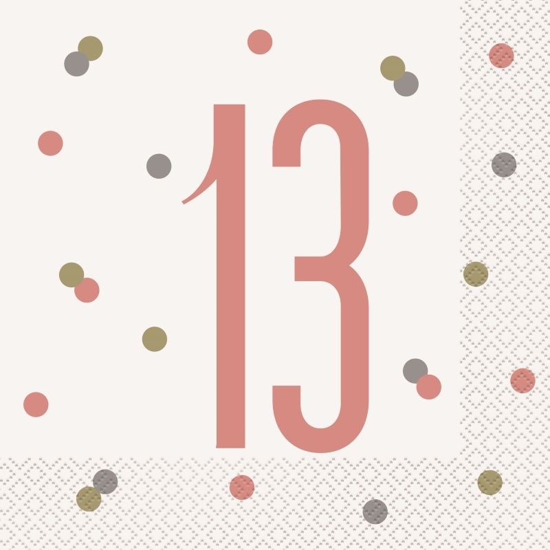 Rose Gold 13th Birthday Party Serviettes - Pack of 16