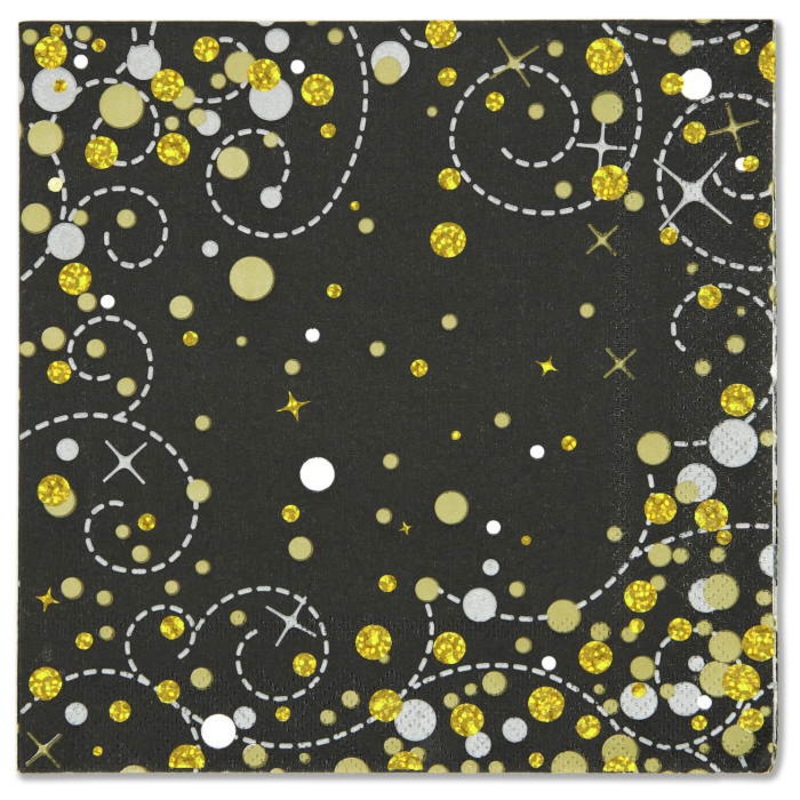 Black and Gold Sparkling Party Napkins Pack of 16 Serviettes
