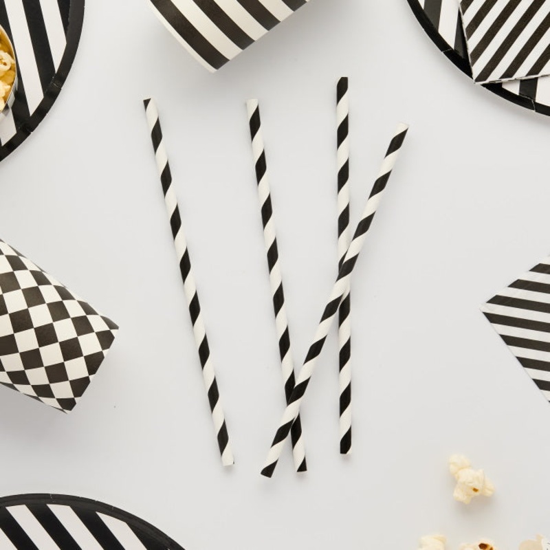 Black and White Striped Paper Straws - Pack of 16
