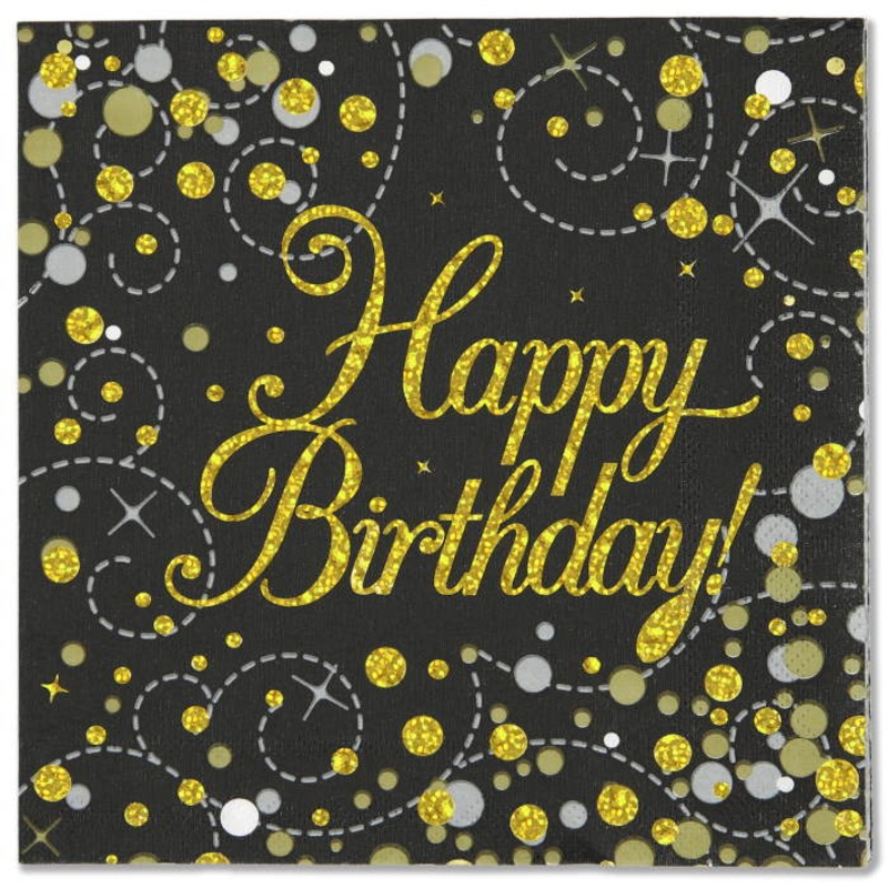 Black & Gold Happy Birthday Napkins Pack of 16