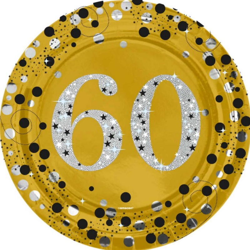 Gold Sparkling 60th Birthday Plates 23cm Pack of 8