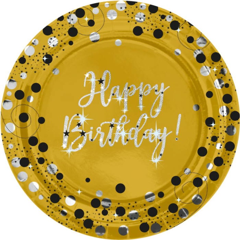 Gold Sparkling Happy Birthday Plates 23cm Pack of 8