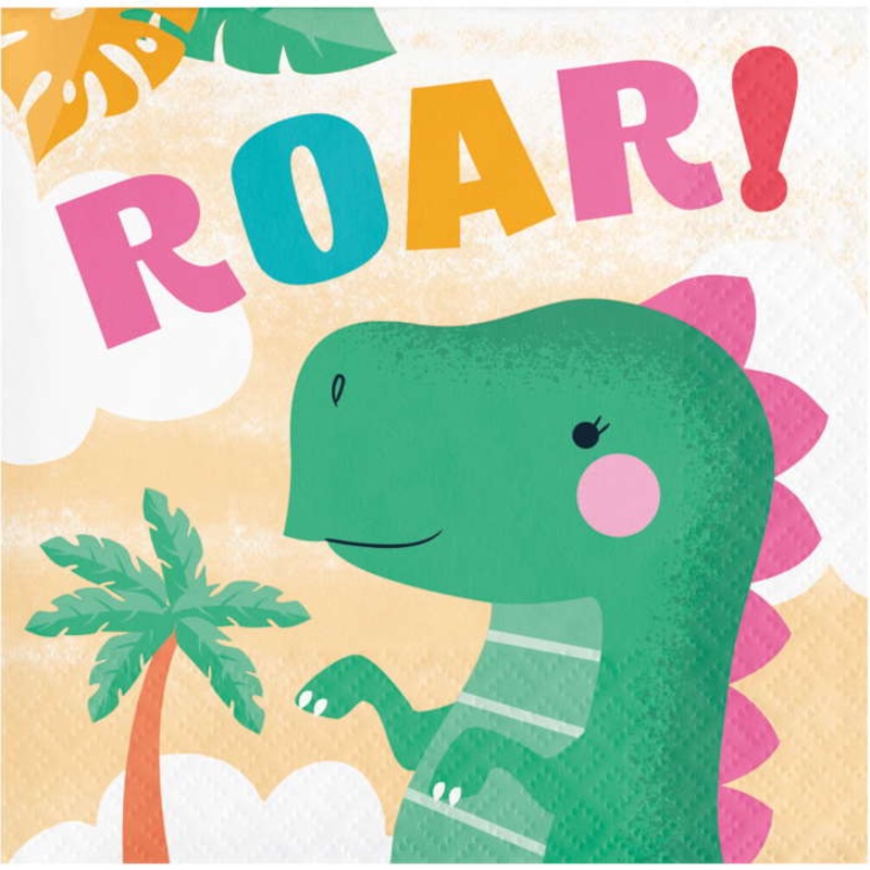Pink Dinosaur Beverage Napkins Pack of 16