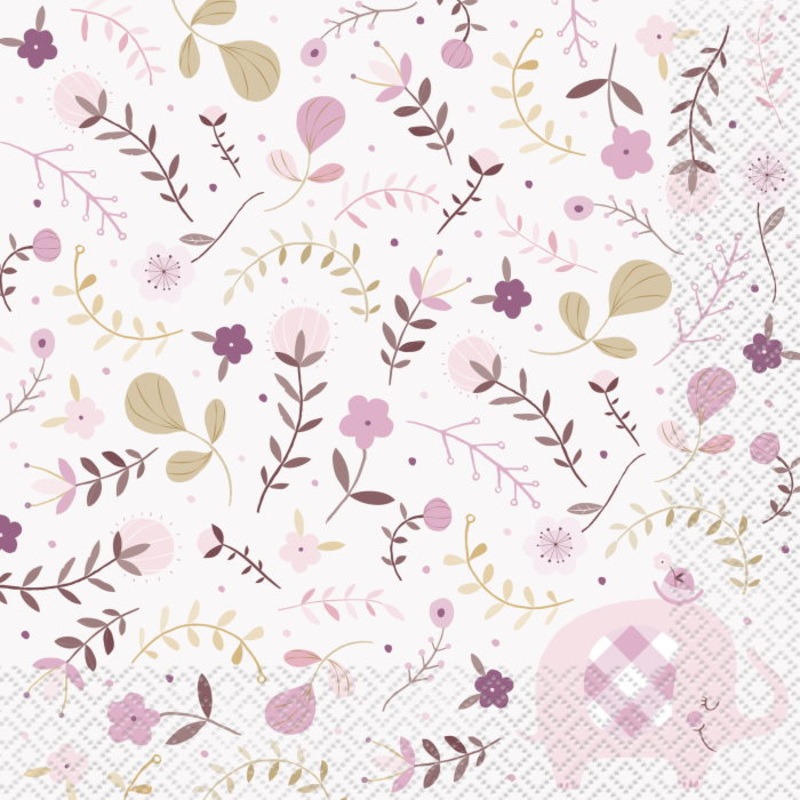 Pink Floral Elephant Napkins Pack of 16