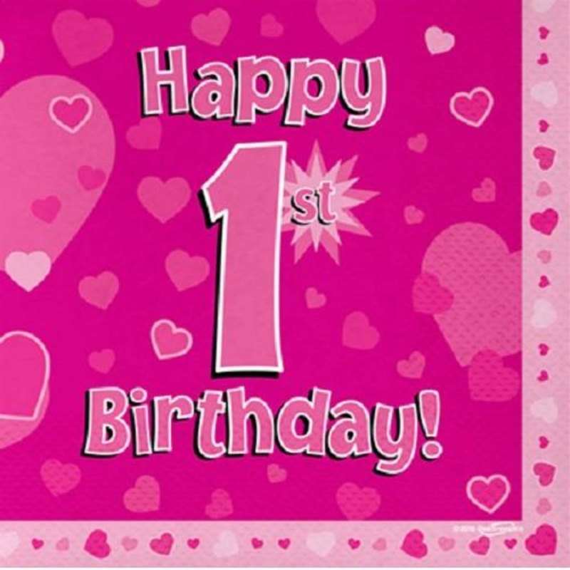 Pink Heart Happy 1st Birthday Party Napkins Pack of 16