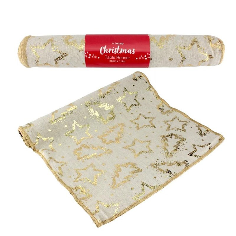 1.5m Foil Gold Star Linen Christmas Table Runner