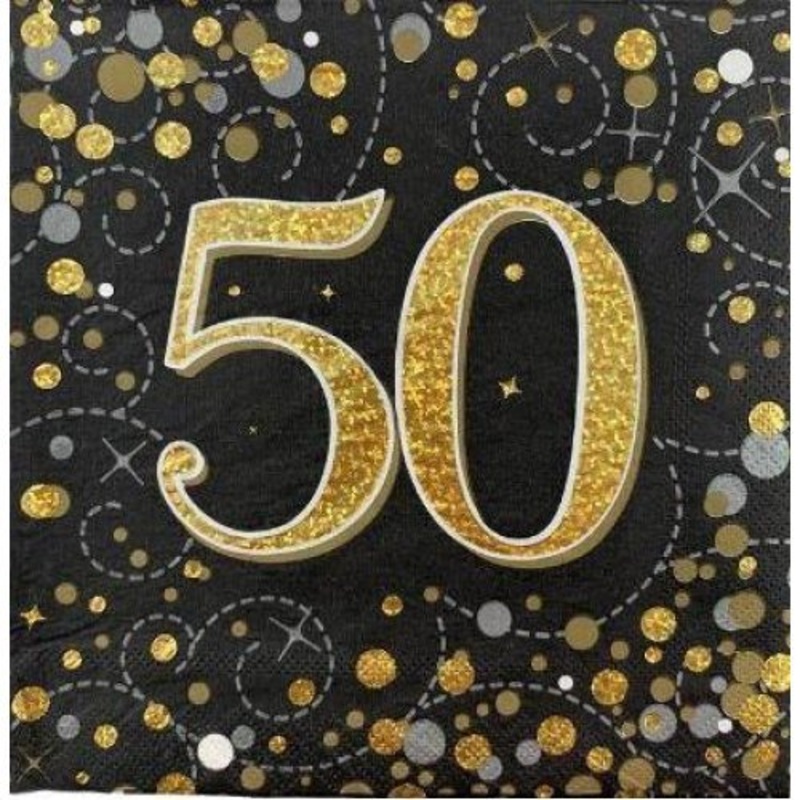 16pk Sparkling Fizz Black Gold Luncheon Napkins - 50th