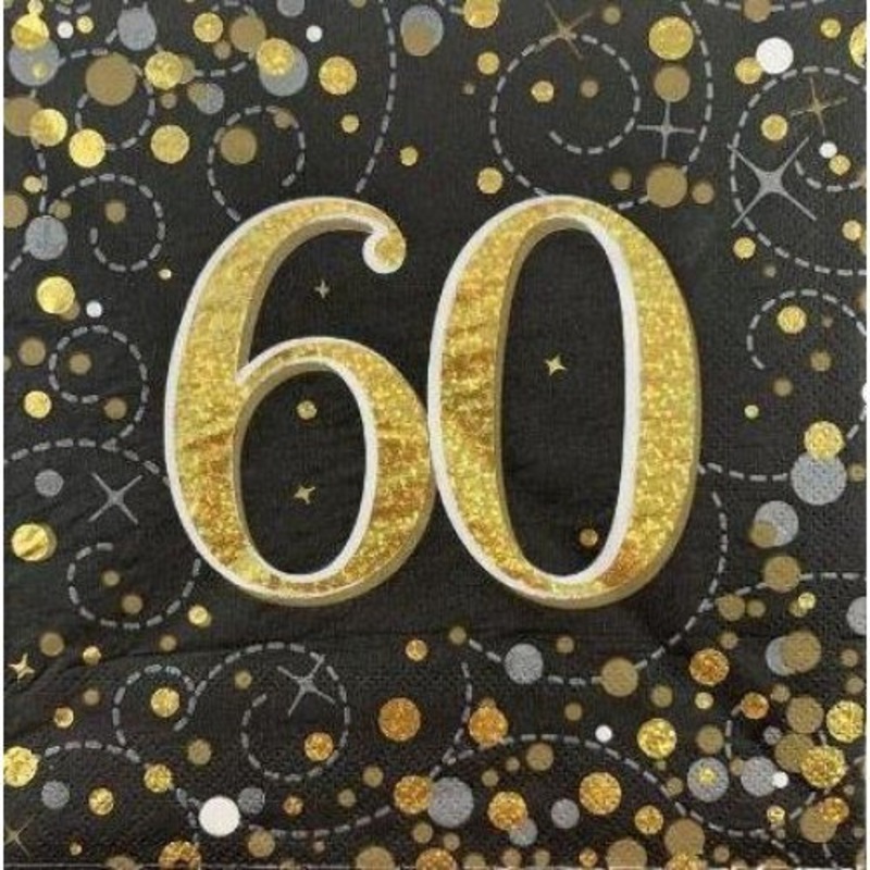 16pk Sparkling Fizz Black Gold Luncheon Napkins - 60th