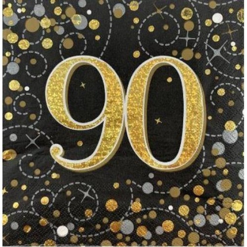 16pk Sparkling Fizz Black Gold Luncheon Napkins - 90th