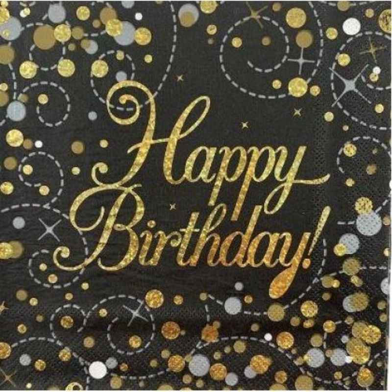 16pk Sparkling Fizz Black Gold Luncheon Napkins - Happy Birthday