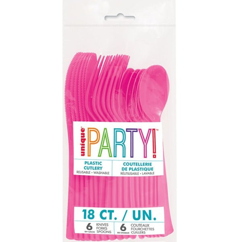 18pk Reusable Plastic Cutlery - Hot Pink