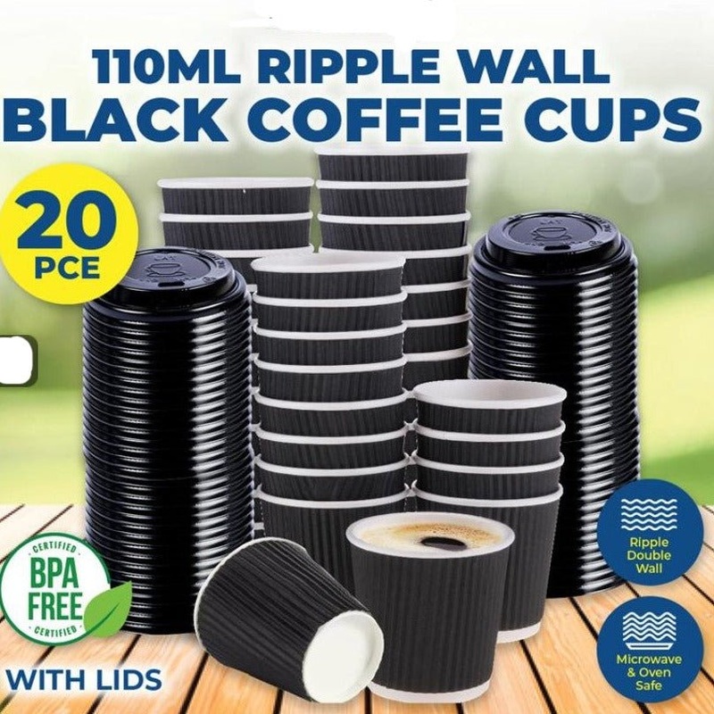 20pk Paper Espresso Coffee Cups with Lids 110ml