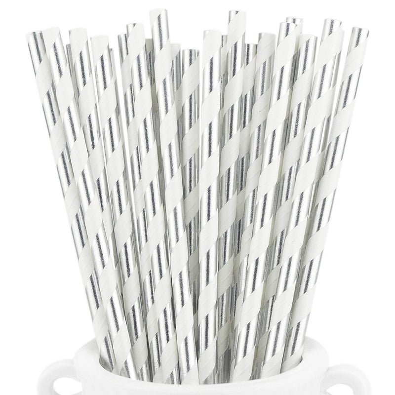 20pk Paper Straws - Metallic Sliver Stripe
