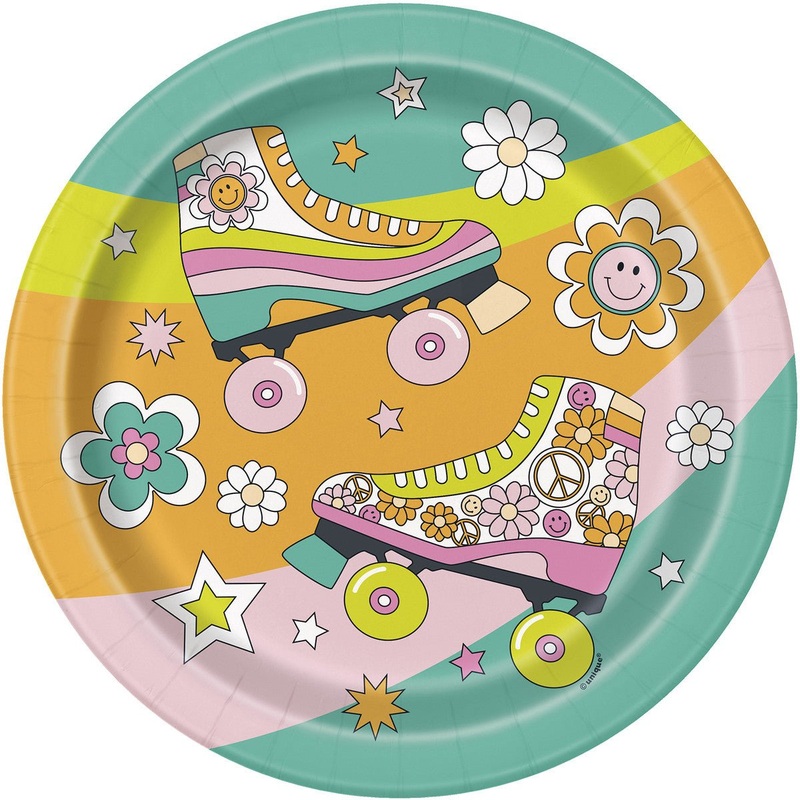 8pk 23cm Flower Power Skates Printed Birthday Paper Plates