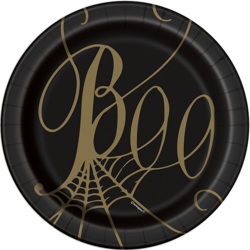 8pk Halloween Black & Gold Spider Web Boo Paper Plates