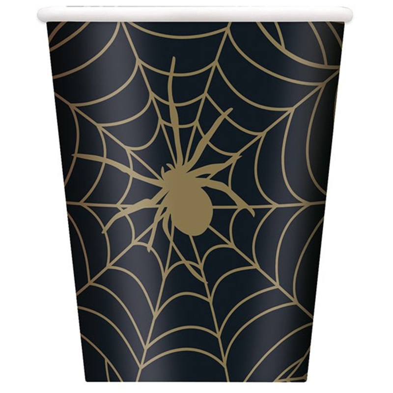 8pk Halloween Black & Gold Spider Web Paper Cups