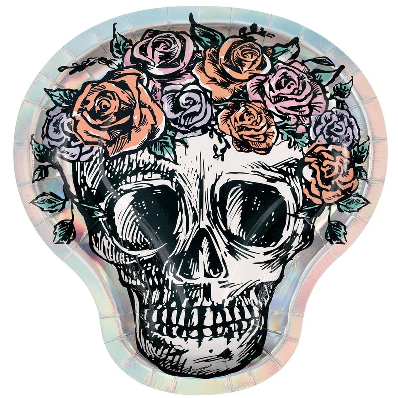8pk Halloween Day of the Dead Floral Skull Shape Foil Stamped Paper Plates