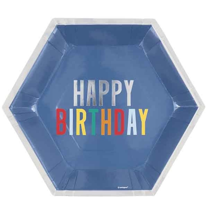 8pk Happy Birthday Foil Stamped Hexagonal Paper Plates