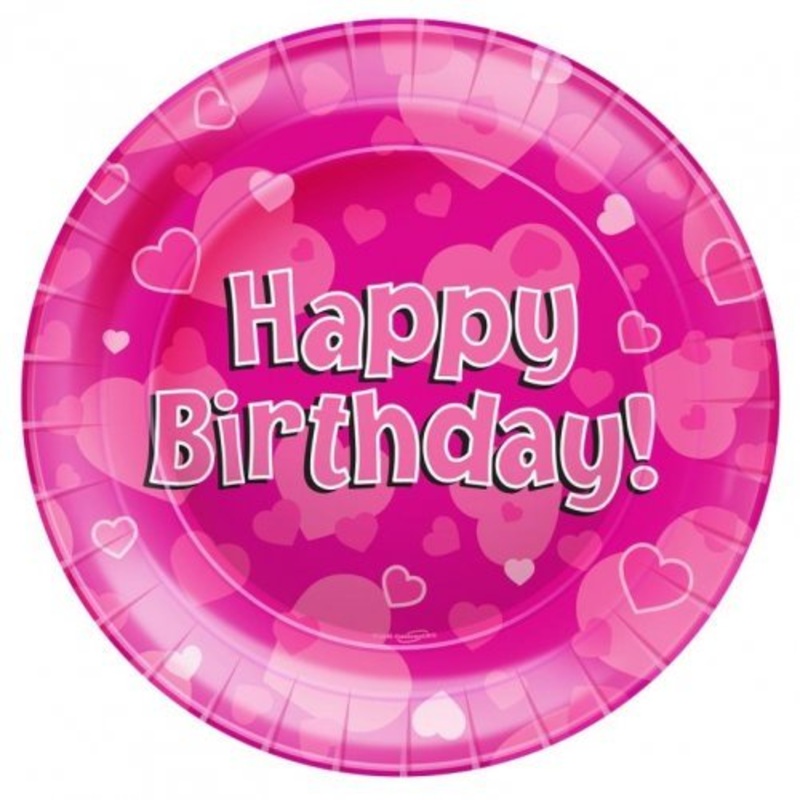 8pk Pink Happy Birthday Paper Plates - 23cm