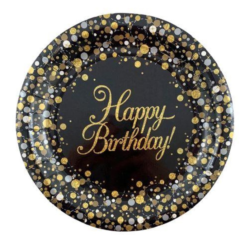 8pk Sparkling Fizz Black Gold Happy Birthday Paper Plates - 23cm