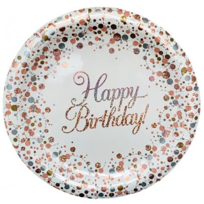 8pk Sparkling Fizz Rose Gold Happy Birthday Paper Plates - 23cm