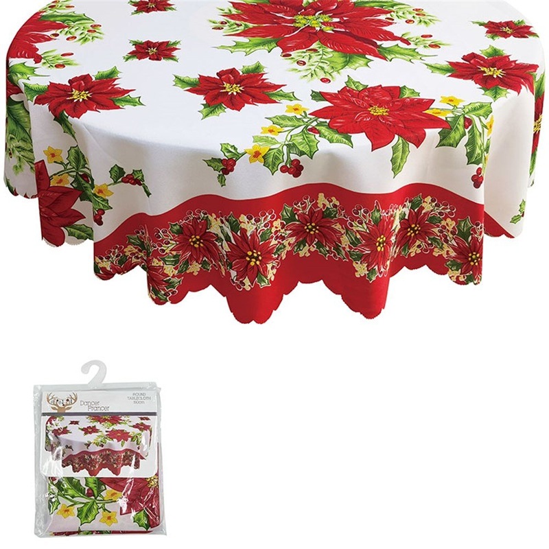 Christmas Reusable Fabric Poinsettia Design Tablecloth Round
