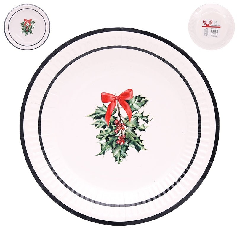 12pk Christmas Paper Plates 18cm - Red Berry