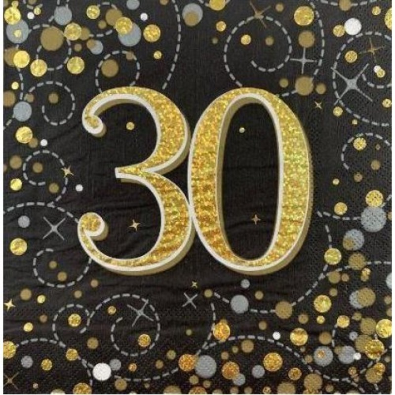 16pk 30th Sparkling Fizz Black Gold Luncheon Napkins
