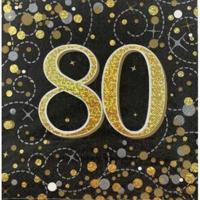 16pk Sparkling Fizz Black Gold Luncheon Napkins - 80th