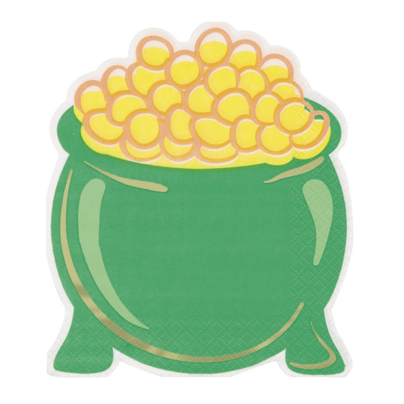 16pk St Patrick's Day Pot of Gold Shaped Foil Stamped Luncheon Napkins