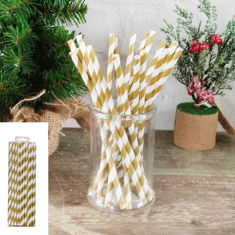 20pk Paper Straws - Gold Stripe