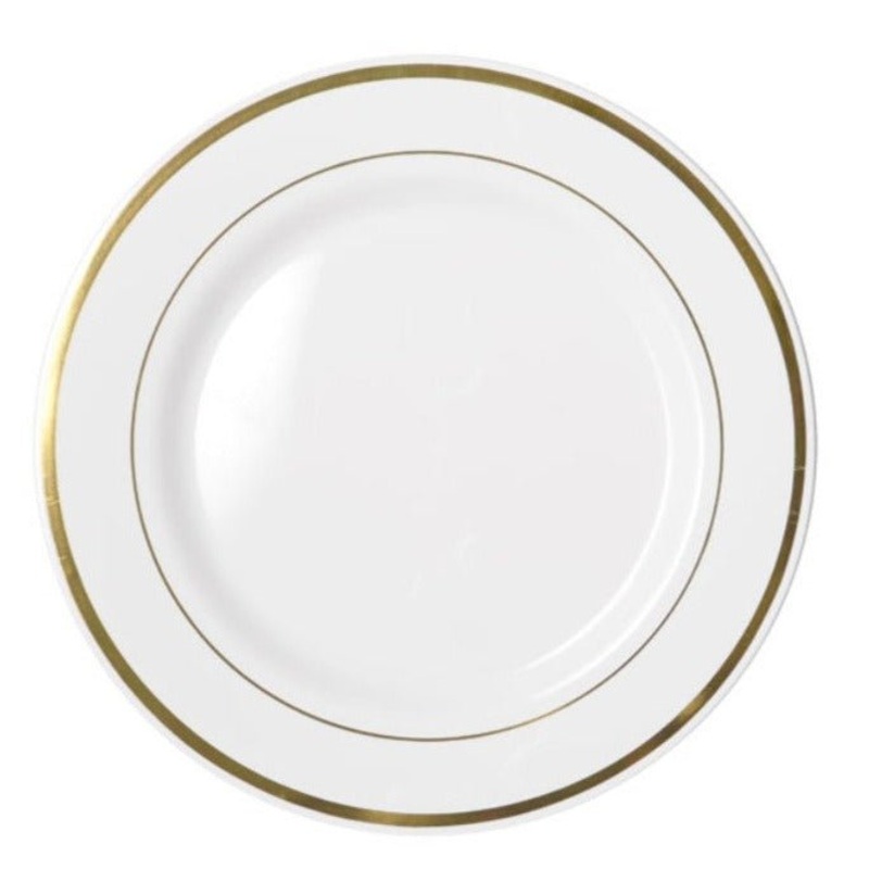 6pk Heavy Duty Reusable White Plastic Plates with Gold Lining