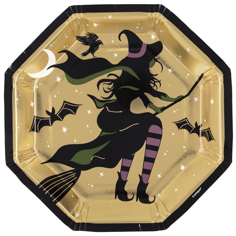8pk Halloween Flying Witch Foil Stamped Octagonal Paper Plates 20cm