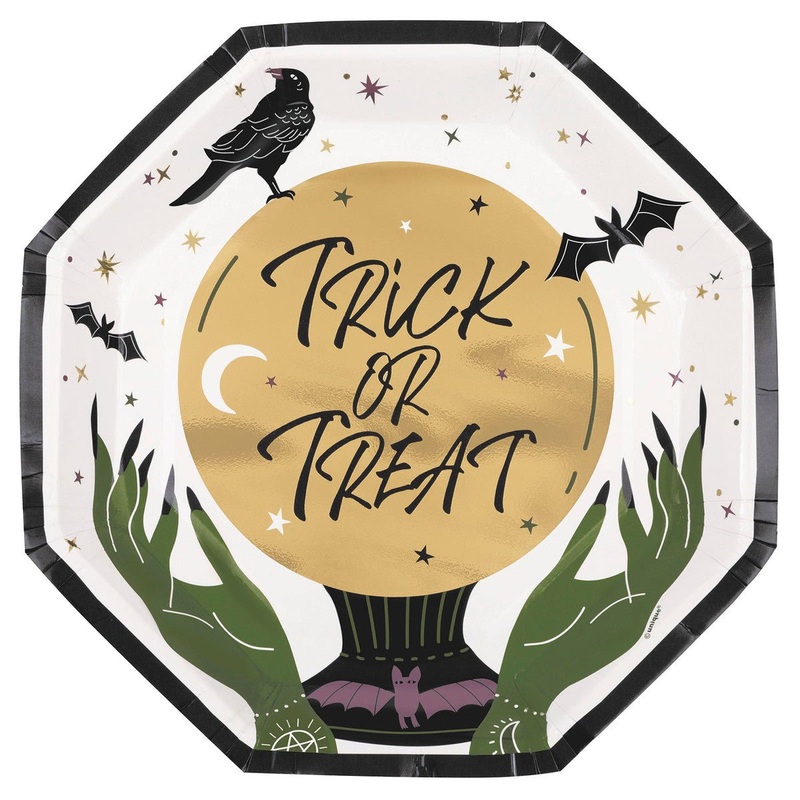 8pk Halloween Trick or Treat Foil Stamped Octagonal Paper Plates 23cm