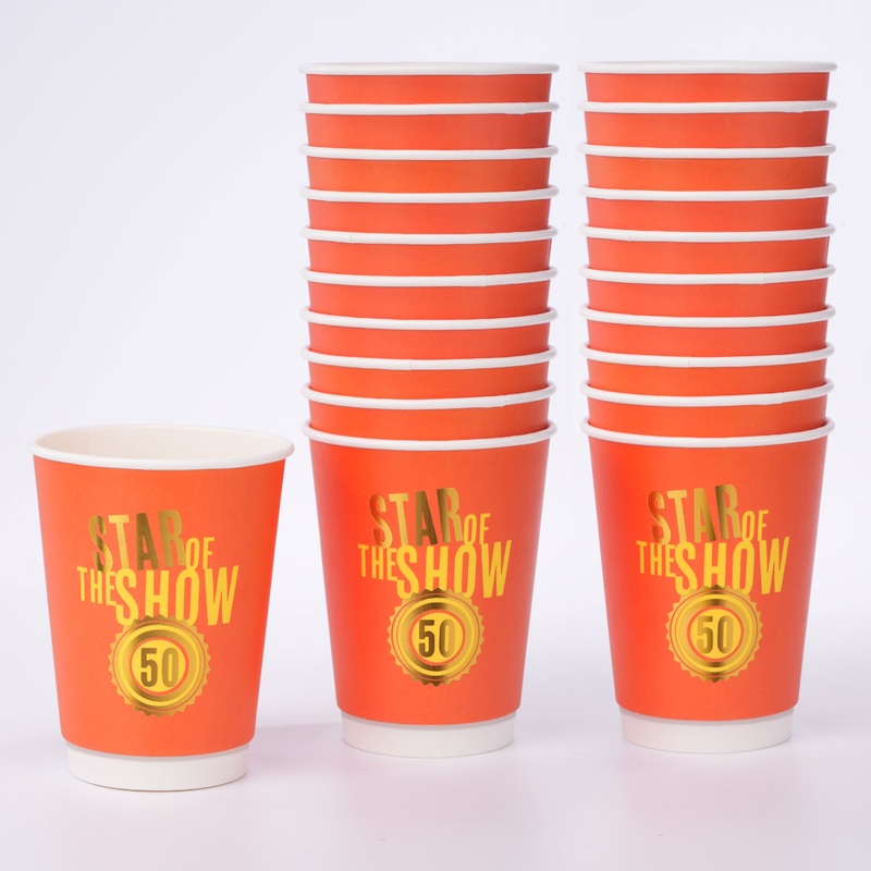 50th Birthday Party Paper Cups in Gold and Orange (20 pcs)