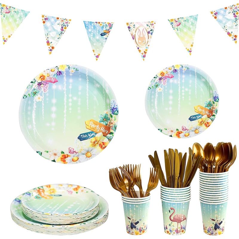 Alice Wonderland Theme Party Tableware with Plates Cups Spoon Fork Knives (24pcs)