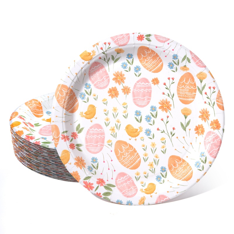 Easter Paper Plates in Pink and Orange with Chicks, Spring florals and egg 24 pcs