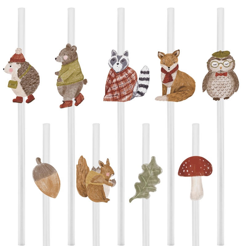 Forest Animals Straws with Bear, Acorn & Squirrel(36Pcs)
